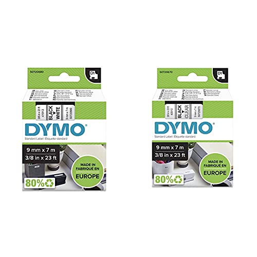 DYMO D1-Etikettenband Authentisch | 9 mm x 7 m | schwarzer Druck auf weißem Untergrund & D1-Etikettenband Authentisch | schwarzer Druck auf transparentem Untergrund | 9 mm x 7 m von DYMO