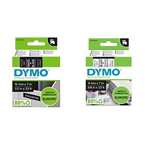 DYMO D1-Etikettenband | weißer Druck auf schwarzem Untergrund | 12 mm x 7 m | selbstklebendes Schriftband & Original D1-Etikettenband | schwarz auf transparent | 9 mm x 7 m | selbstklebend von DYMO