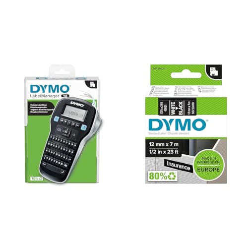 DYMO LabelManager 160 Tragbares Beschriftungsgerät | Etikettiergerät mit QWERTZ Tastatur & Einfache Textbearbeitung | für D1 Etiketten in 6 & Original D1-Etikettenband | weiß auf schwarz | 12 mm x 7 m von DYMO
