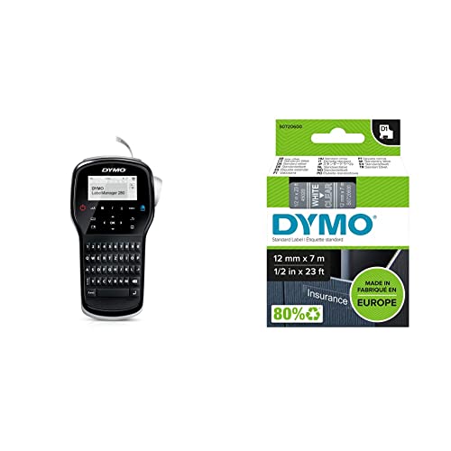 DYMO LabelManager 280 Tragbares Beschriftungsgerät - für D1 Etiketten in 6, 9 und 12mm Breite & Original D1-Etikettenband - weiß auf transparent | 12 mm x 7 m von DYMO