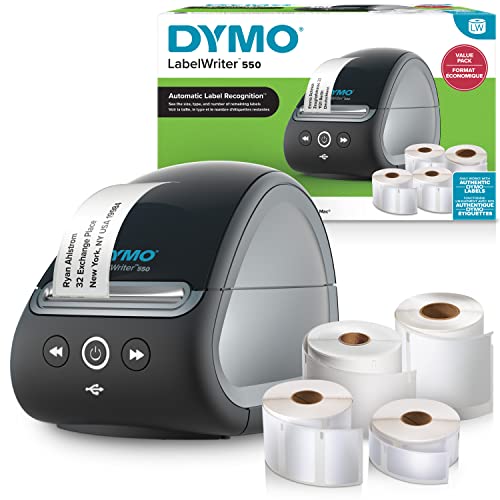 DYMO LabelWriter 550-Etikettendrucker & Etiketten,2 x LW-Mehrzwecketiketten (1.320 insgesamt),1 x LW-Etiketten für Namensschilder (300 pro Rolle),LW-Hochleistungsetiketten (160 pro Rolle),EU-Stecker von DYMO