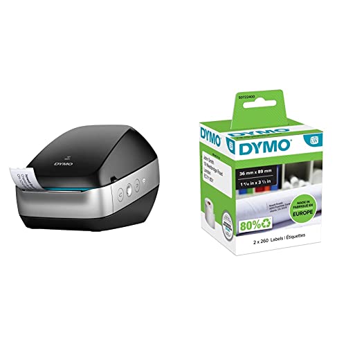 DYMO LabelWriter Wireless-Etikettendrucker, schwarz + Dymo S0722400 Adressschilder (selbstklebende große, für LabelWriter, 3,5 cm x 8,9 cm, 260er-Rolle) 2er-Packung, schwarz und weiß von DYMO