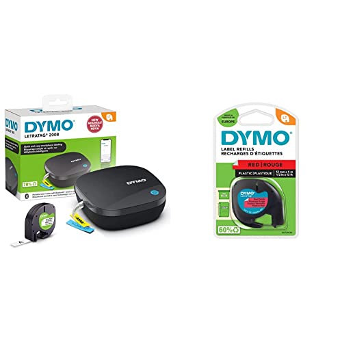 DYMO LetraTag 200B-Beschriftungsgerät mit Bluetooth in Weiß & Original LetraTag Etikettenband | schwarz auf rot | 12 mm x 4 m | selbstklebendes Kunststoffetiketten | für LetraTag-Beschriftungsgerät von DYMO