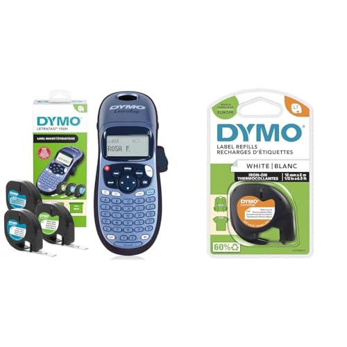DYMO LetraTag LT-100H Beschriftungsgerät Handgerät | Tragbares Etikettendrucker mit ABC Tastatur & Original LetraTag Bügeletiketten | schwarz auf weiß | 12 mm x 2 m von DYMO