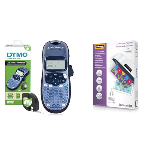 DYMO LetraTag LT-100H Beschriftungsgerät Handgerät | Tragbares Etikettiergerät mit ABC Tastatur | blau | Ideal fürs Büro oder zu Hause & Fellowes Laminierfolien A4 ImageLast von DYMO