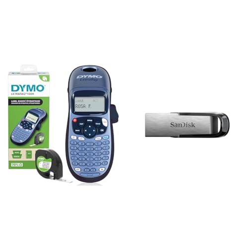 DYMO LetraTag LT-100H Beschriftungsgerät & SanDisk Ultra Flair USB 3.0 Flash-Laufwerk 128 GB Robustes und Elegantes Metallgehäuse von DYMO