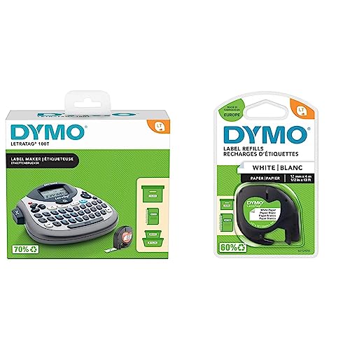 DYMO LetraTag LT-100T Beschriftungsgerät | Tragbares Etikettiergerät mit QWERTZ Tastatur | Silber | Ideal fürs Büro & Original LetraTag Papier Etikettenband | schwarz auf weiß | 12 mm x 4 m von DYMO