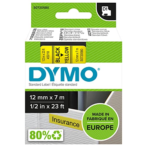 DYMO Original D1-Etikettenband | schwarz auf gelb | 12 mm x 7 m | selbstklebendes Schriftband | für LabelManager-Beschriftungsgerät von DYMO