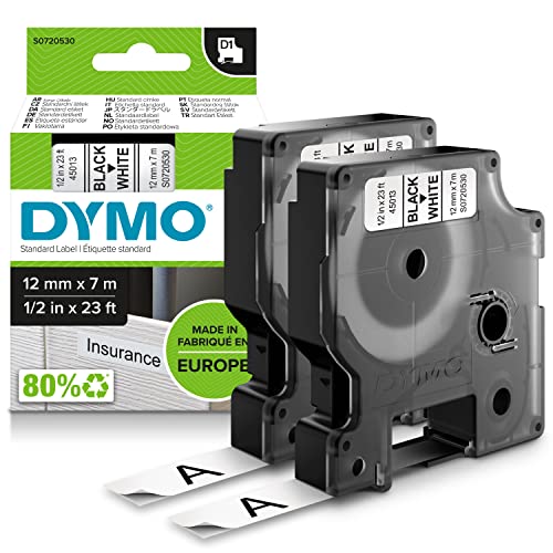 DYMO Original D1-Etikettenband | schwarz auf weiß | 12 mm x 7 m | selbstklebendes Schriftband| für LabelManager-Beschriftungsgerät | 2 Etikettenkassetten von DYMO