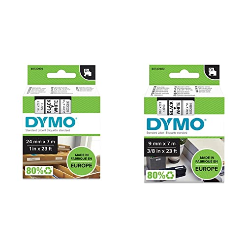 DYMO Original D1-Etikettenband | schwarz auf weiß | 24 mm x 7 m & Original D1-Etiettenband | 9 mm x 7 m | schwarz auf weiß | selbstklebendes Etikettenband | für LabelManager-Beschriftungsgerät von DYMO