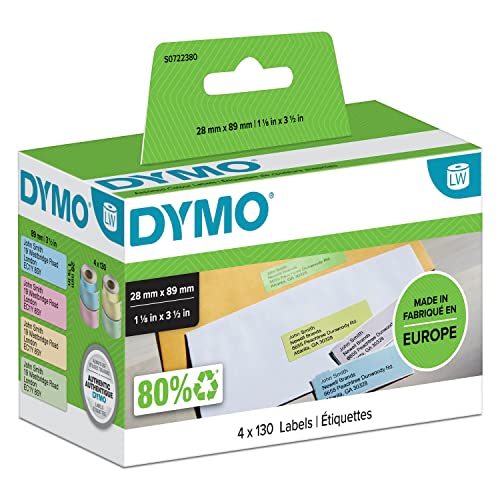 DYMO Original LabelWriter Adressetiketten, 28 mm x 89 mm, Farbetiketten in gelb/pink/blau/grün, 4 Rollen mit je 130 Etiketten (520 Etiketten), selbstklebend, für LabelWriter Etikettendrucker von DYMO