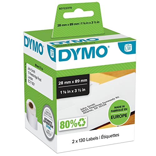 DYMO Original LabelWriter Adressetiketten | 28 mm x 89 mm | schwarz auf weiß | 2 Rollen mit je 130 leicht ablösbaren Etiketten (260 Etiketten) | selbstklebend | für LabelWriter Etikettendrucker von DYMO