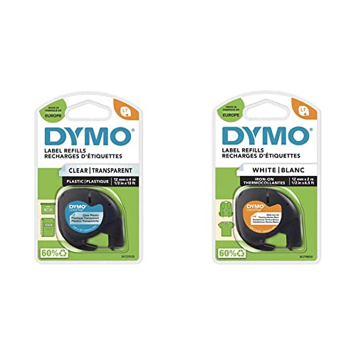 DYMO Original LetraTag Bügeletiketten | schwarz auf weiß | 12 mm x 2 m & Original LetraTag Etikettenband | schwarz auf transparent | 12 mm x 4 m | selbstklebendes Kunststoff Schriftband von DYMO