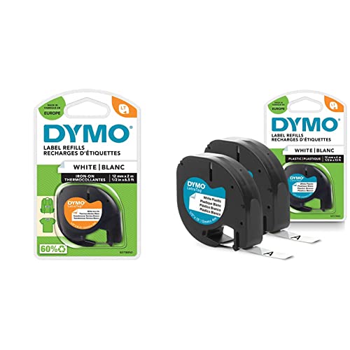 DYMO Original LetraTag Bügeletiketten | schwarz auf weiß | 12 mm x 2 m & Original LetraTag Etikettenband | schwarz auf weiß | 12 mm x 4 m | selbstklebendes Kunststoff Schriftband von DYMO