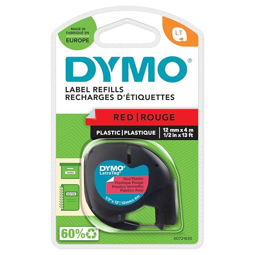 DYMO Original LetraTag Etikettenband | schwarz auf rot | 12 mm x 4 m | selbstklebendes Kunststoffetiketten | für LetraTag-Beschriftungsgerät von DYMO