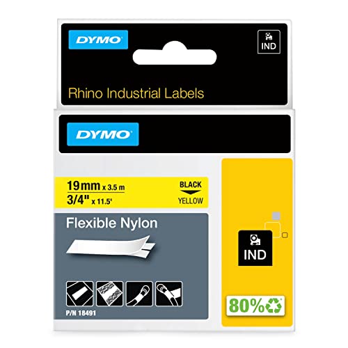 DYMO Rhino Industrie Nylonetiketten, flexibel, 19 mm x 3,5 m, schwarz auf gelb, selbstklebendes Schriftband, für DYMO Rhino und LabelManager Beschriftungsgerät von DYMO