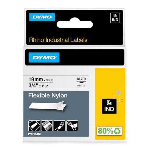 DYMO Rhino Industrie Nylonetiketten | flexibel | 19 mm x 3,5 m | schwarze Schrift auf weißem Untergrund | selbstklebendes Schriftband von DYMO