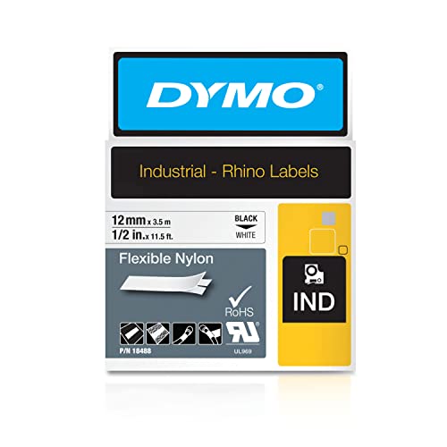 DYMO Rhino Industrie Nylonetiketten | flexibel | 12 mm x 3,5 m | schwarze Schrift auf weißem Untergrund | selbstklebendes Schriftband | für DYMO Rhino und LabelManager Beschriftungsgerät von DYMO