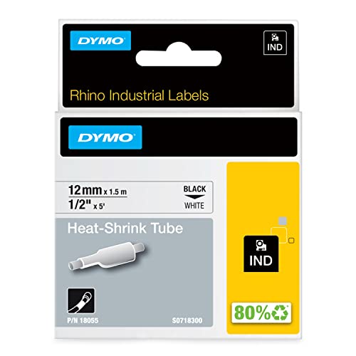 DYMO Rhino Industrie Schrumpfschlauch-Kabeletiketten | 12 mm, 1,5 m | Schwarz auf weiß | für DYMO Rhino Beschriftungsgerät von DYMO