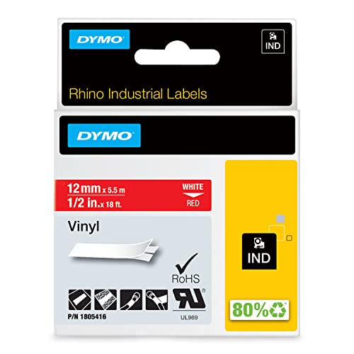 DYMO Rhino-Industrie-Vinyletiketten | 12 mm x 5,5 m | weiß auf rot | selbstklebendes Schriftband | für DYMO Rhino und LabelManager Beschriftungsgerät von DYMO