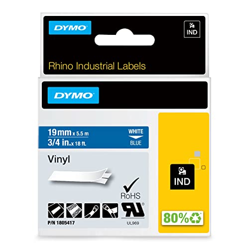 DYMO Rhino-Industrie-Vinyletiketten | 19 mm x 5,5 m | weiß auf blau | selbstklebendes Schriftband | für DYMO Rhino und LabelManager Beschriftungsgerät von DYMO