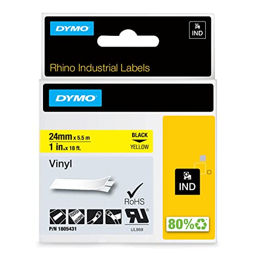 DYMO Rhino-Industrie-Vinyletiketten | 24 mm x 5,5 m | schwarz auf gelb | selbstklebendes Schriftband | für DYMO Rhino und LabelManager Beschriftungsgerät von DYMO