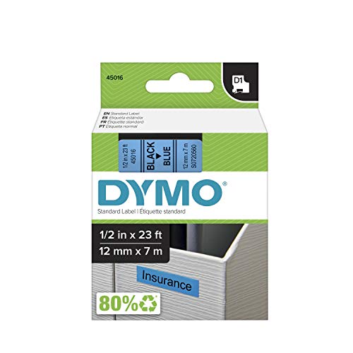 DYMO Standard D1 Beschriftungsband für LabelManager Etikettenhersteller, schwarzer Druck auf blauem Klebeband, 1,27 cm B x 68 cm L, 1 Patrone (45016) von DYMO