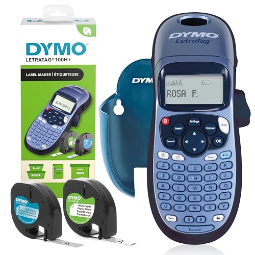 Dymo LetraTag LT-100H+ Beschriftungsgerät Handgerät mit Halterung | Tragbarer Etikettendrucker mit ABC Tastatur | mit Etiketten aus Papier und transparentem Kunststoff | Ideal fürs Büro & zu Hause von DYMO