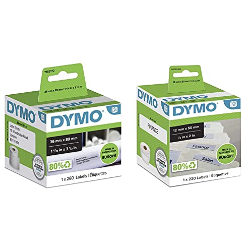 Große DYMO LW-Adressetiketten | 36 mm x 89 mm | Rolle mit 260 Etikettenband | selbstklebend & LW-Etiketten für Hängemappen | 12 mm x 50 mm | Rolle mit 220 leicht ablösbaren Etikettenband selbstklebend von DYMO