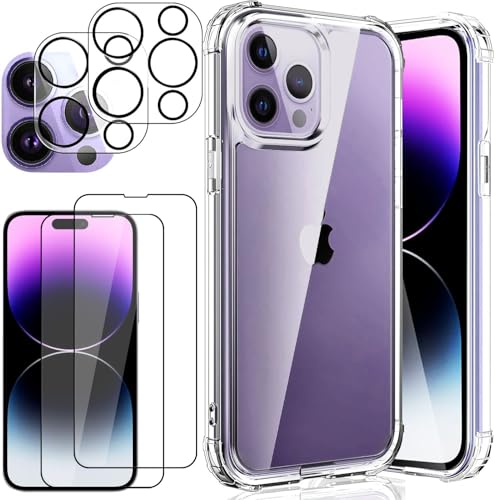 DYNASCO 5 in 1 Klar Hülle für iPhone 14 Pro Max mit 2 Stück Gehärtetem Glas Schutzfolie und Kameraschutz, Anti-Fingerprint 9H Härte Displayschutzfolien, [Vergilbt Nicht] Silikon Stoßfest Handyhülle von DYNASCO