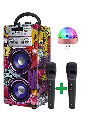 DYNASONIC - (3. Gen Tragbarer Bluetooth-Lautsprecher mit Karaoke-Modus und Mikrofon, FM-Radio und USB-SD-Lesegerät (Modell 12, Disco-Lichter) von DYNASONIC