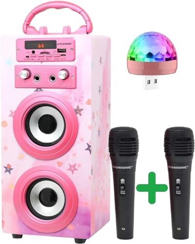 DYNASONIC - (3. Gen Tragbarer Bluetooth-Lautsprecher mit Karaoke-Modus und Mikrofon, FM-Radio und USB-SD-Lesegerät (Modell 15, Disklicht) von DYNASONIC