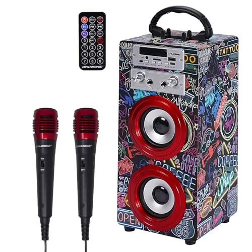 DYNASONIC - 3. Gen Tragbarer Bluetooth Lautsprecher mit Karaoke und Mikrofon, FM-Radio und USB-SD-Lesegerät (Modell 025) (025-21 Lights) von DYNASONIC