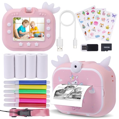 DYNASONIC Kinderkamera (2. Generation Einhorn) Digital- und Videokamera, 48 MP, 2,5 K UHD, inkl. 32 GB SD-Karte, 5 Druckpapier, Geschenk für Mädchen 3 bis 14 Jahre von DYNASONIC
