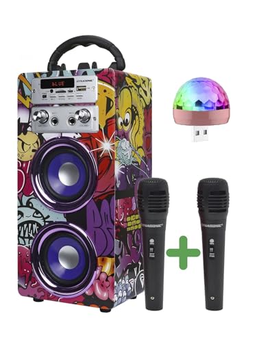 Dynamic Karaoke-Maschine, tragbarer Karaoke-Lautsprecher mit 2 Mikrofonen, Bluetooth-Lautsprecher, USB-Licht inklusive, USB- und SD-Kartenleser, originelles Geschenk (025-12 Licht) von DYNASONIC