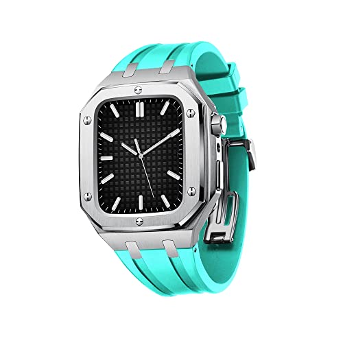 DYPERO Uhrenarmband für Apple Watch, 45 mm, 44 mm, Militär-Metallgehäuse mit Silikonband, stoßfester Stoßfänger für iWatch Serie 7/SE/6/5/4 (Farbe: Silber, Seeblau, Si von DYPERO
