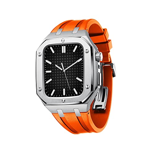 DYPERO Uhrenarmband für Apple Watch, 45 mm, 44 mm, Militär-Metallgehäuse mit Silikonband, stoßfester Stoßfänger für iWatch Serie 7/SE/6/5/4 (Farbe: Silber-Orange, Größe: von DYPERO