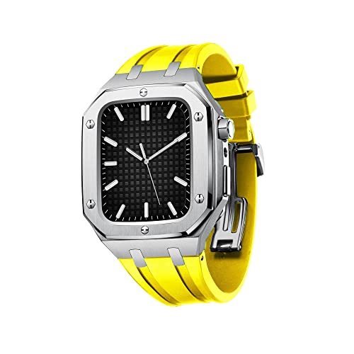 DYPERO Uhrenarmband für Apple Watch, 45 mm, 44 mm, Militär-Metallgehäuse mit Silikonband, stoßfester Stoßfänger für iWatch Serie 7/SE/6/5/4 (Farbe: Silbergelb, Größe: von DYPERO