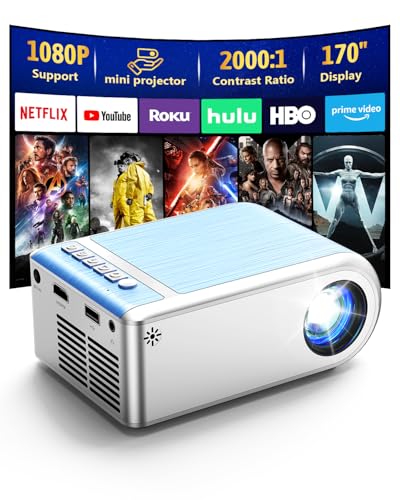 Mini-Projektor für iPhone, DZA Outdoor-Film-Projektor unterstützt 1080P mit Synchronisierung des Smartphone-Bildschirms, tragbarer Projektor für Heimkino, kompatibel mit iOS/Android/PC/TV-Stick und von DZA