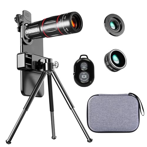 Universal Phone Camera Lens Kit 4 in 1, 28X Teleobjektiv, Makroobjektiv, 0,6X Weitwinkelobjektiv, 198° Fischaugenobjektiv, mit Objektivclip/Telefon-Clip/Stativ/Fernauslöser/Aufbewahrungsbox von DaMohony