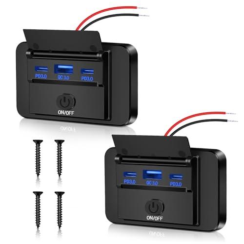 Daakro 2 Stück 72W USB Ladebuchse 12V Autoladegerät Dual PD3.0 Typ C & QC3.0 USB Handy Schnellladegerät Wasserdicht mit Schalter für 12 V / 24 V Auto Wohnmobil Boot Motorrad LKW von Daakro