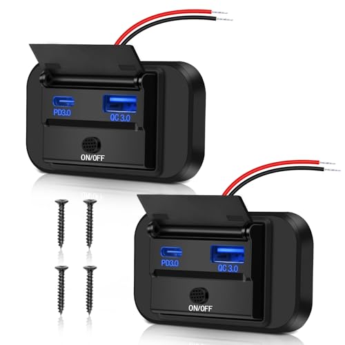 Daakro 2 Stück USB Ladebuchse 12V Autoladegerät QC3.0 USB & PD3.0 Typ C Handy Schnellladegerät Wasserdicht mit Schalter für 12 V / 24 V Wohnwagen, Autos, Motorräder, LKWs von Daakro