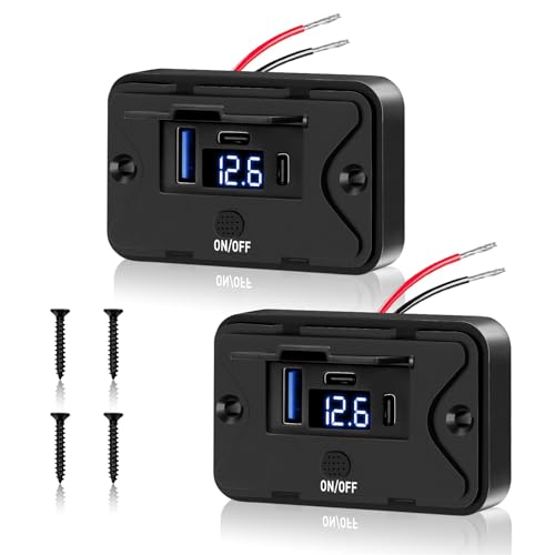 Daakro 2 Stück USB Ladebuchse 12V Autoladegerät Mit Voltmeter 72W QC3.0 USB & Dual PD3.0 Typ C Handy Schnellladegerät Wasserdicht mit Schalter für 12 V / 24 V Wohnwagen, Auto, Motorräder, LKW von Daakro