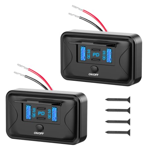 Daakro 2PCS USB Ladebuchse 12V Autoladegerät Dual QC3.0 USB & Dual PD3.0 Typ C Handy Schnellladegerät Wasserdicht mit Schalter für 12 V / 24 V Wohnwagen, Autos, Motorräder, LKWs von Daakro