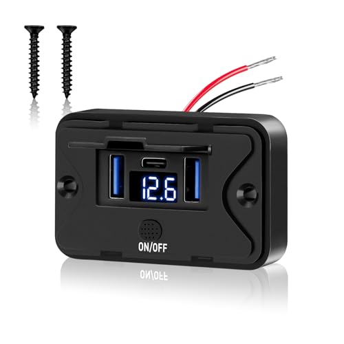 Daakro 72W USB Ladebuchse 12V Autoladegerät Mit Voltmeter Dual QC3.0 USB & PD3.0 Typ C Handy Schnellladegerät Wasserdicht mit Schalter für 12 V / 24 V Wohnwagen, Autos, Motorräder, LKWs von Daakro