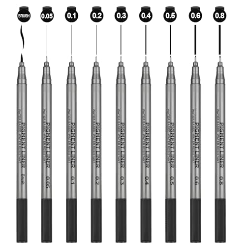 Dacono Fine Liner Stifte Schwarz - Set von 9 feinen Liner (0.05mm-0.8mm und 1 Brush) - Tinte Wasserfestes Pigment Liner, Pinselstifte zum Skizzieren, Künstler Illustration, Office Dokumente von Dacono