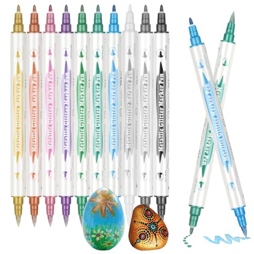 Dacono Metallic-Marker Stifte in 10 Farben – Metallischen Marker mit Zwei Spitzen für Kunst und Bastelbedarf, Schwarzes Papier, Kunststoff, Stein, Glas, Weihnachten Halloween Deko Stifte von Dacono