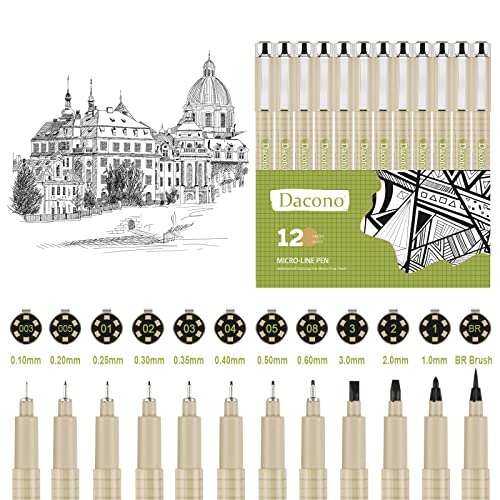 Dacono Zeichnung Stifte, Satz von 12 Präzision Multiliner Stifte, schwarze Präzision Multiliner Stifte für Künstler Illustration, Skizzieren, Kalligraphie, Zeichnung, Manga, Scrapbooking von Dacono