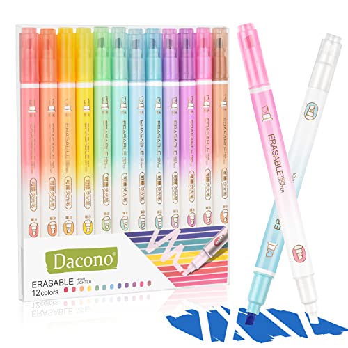 Dacono löschbare Textmarker, 12 PC Doppelkopf glatte Schreiben Textmarker, Meißelspitze sortierte Farben Textmarker Marker Stifte für Journal Bibel Planer Notizen Schule Bürobedarf von Dacono