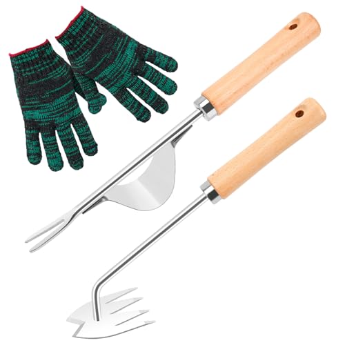 Dadabig 2 Stück Unkrautvernichter, manueller Edelstahl-Rasenmäher mit 1 Paar Handschuhen, Gartengerät für Unkraut, manueller Unkrautzieher von Dadabig